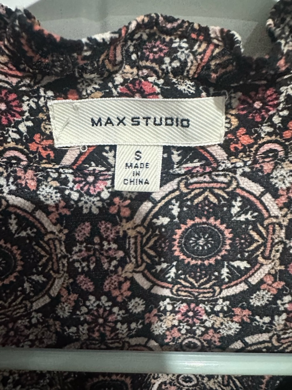Max Studio Black Top with Pink and Cream Medallion Print